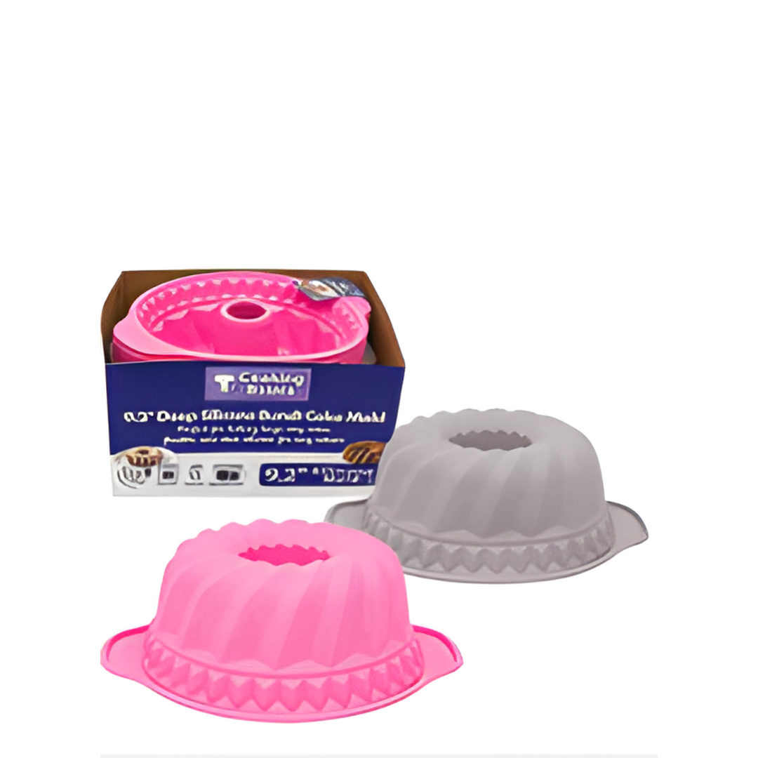 Pink and gray silicone bundt cake molds with packaging on a white background