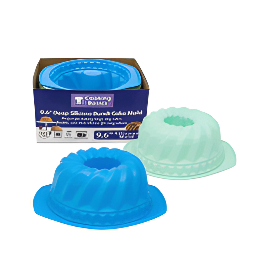 Two silicone cake molds, one blue and one green, with a packaging box on a white background.