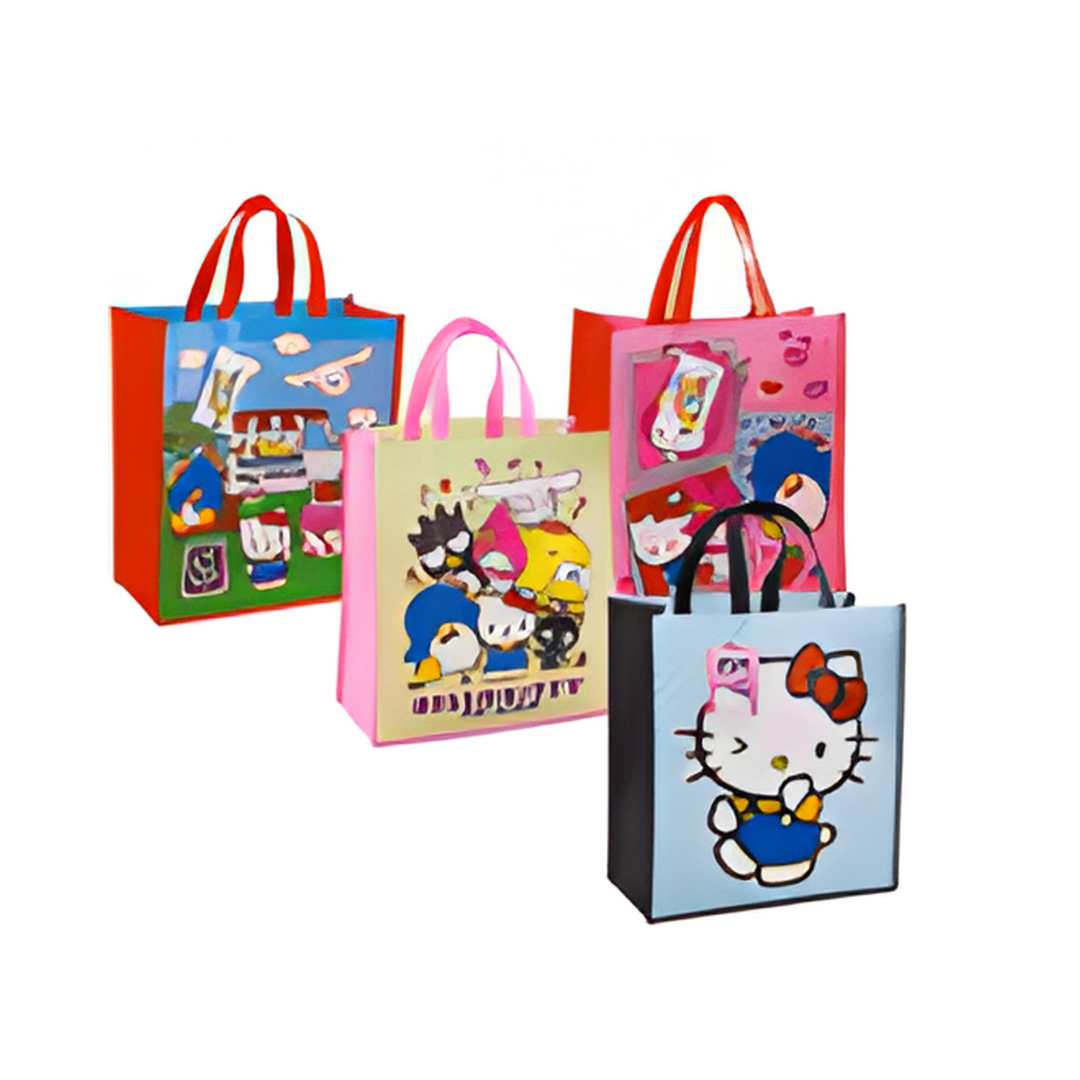 Four colorful gift bags with cartoon designs on a white background