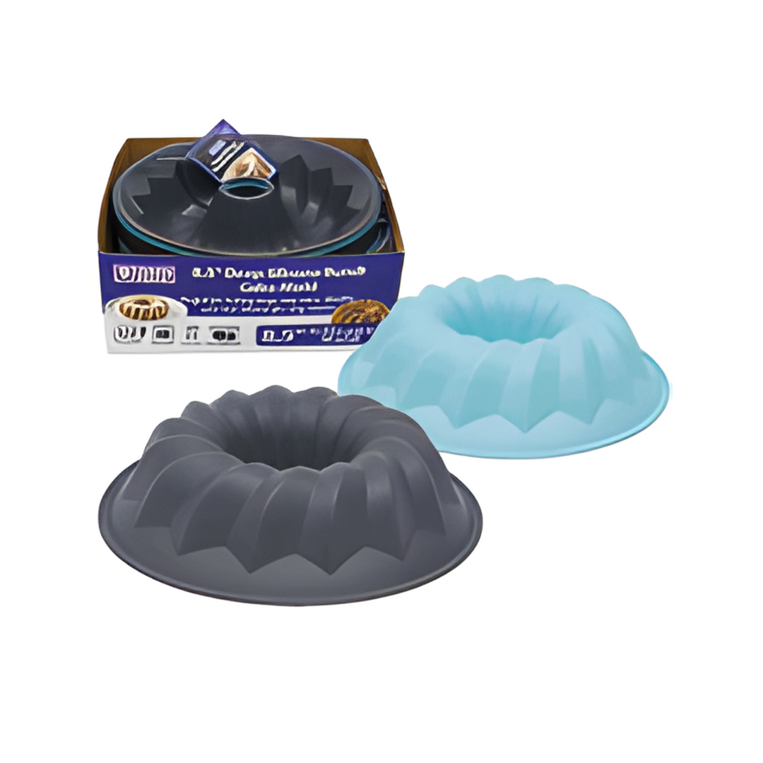 Two silicone cake molds, one gray and one blue, with their packaging on a white background.