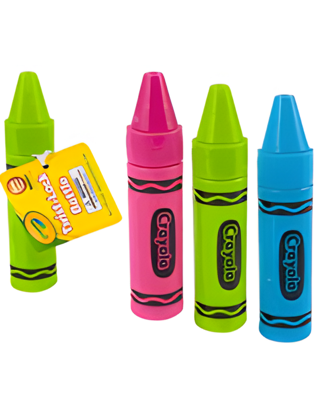 Four colorful Crayola crayons on a white background