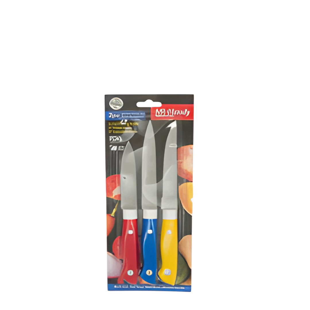 Set of three steak knives with colored handles in packaging on a white background