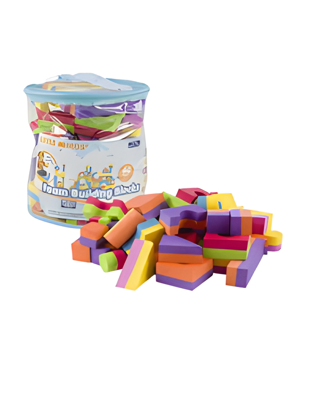 Colorful foam building blocks with a container labeled 'Toy Empire' on a white background