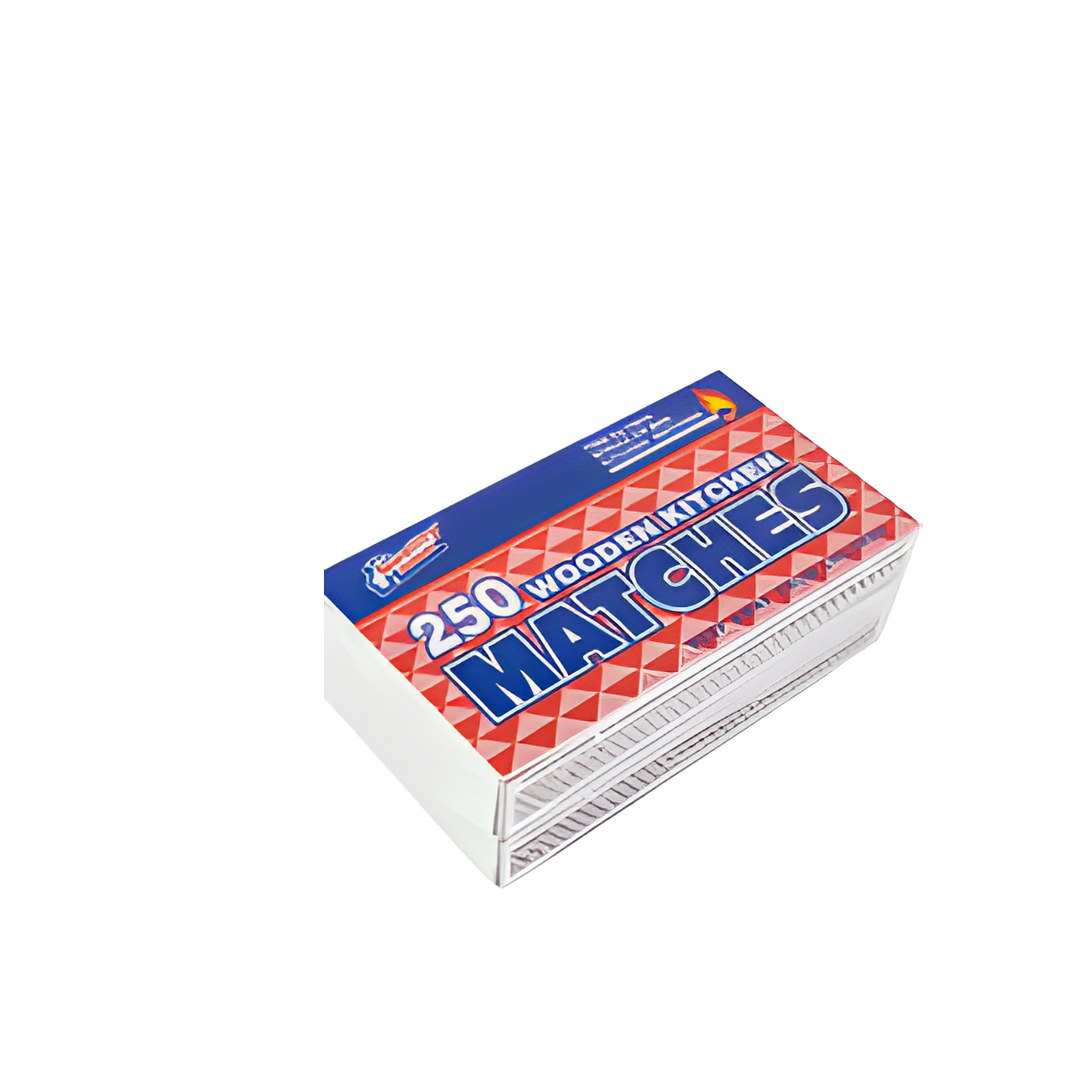 Box of matches with a colorful label on a white background