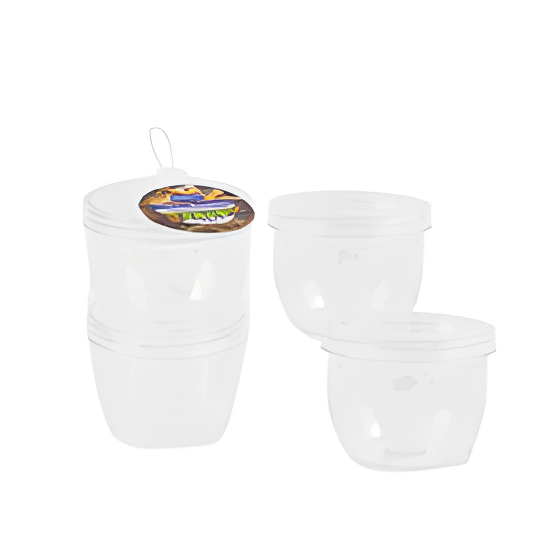 Set of white plastic containers with a visible brand label on a white background