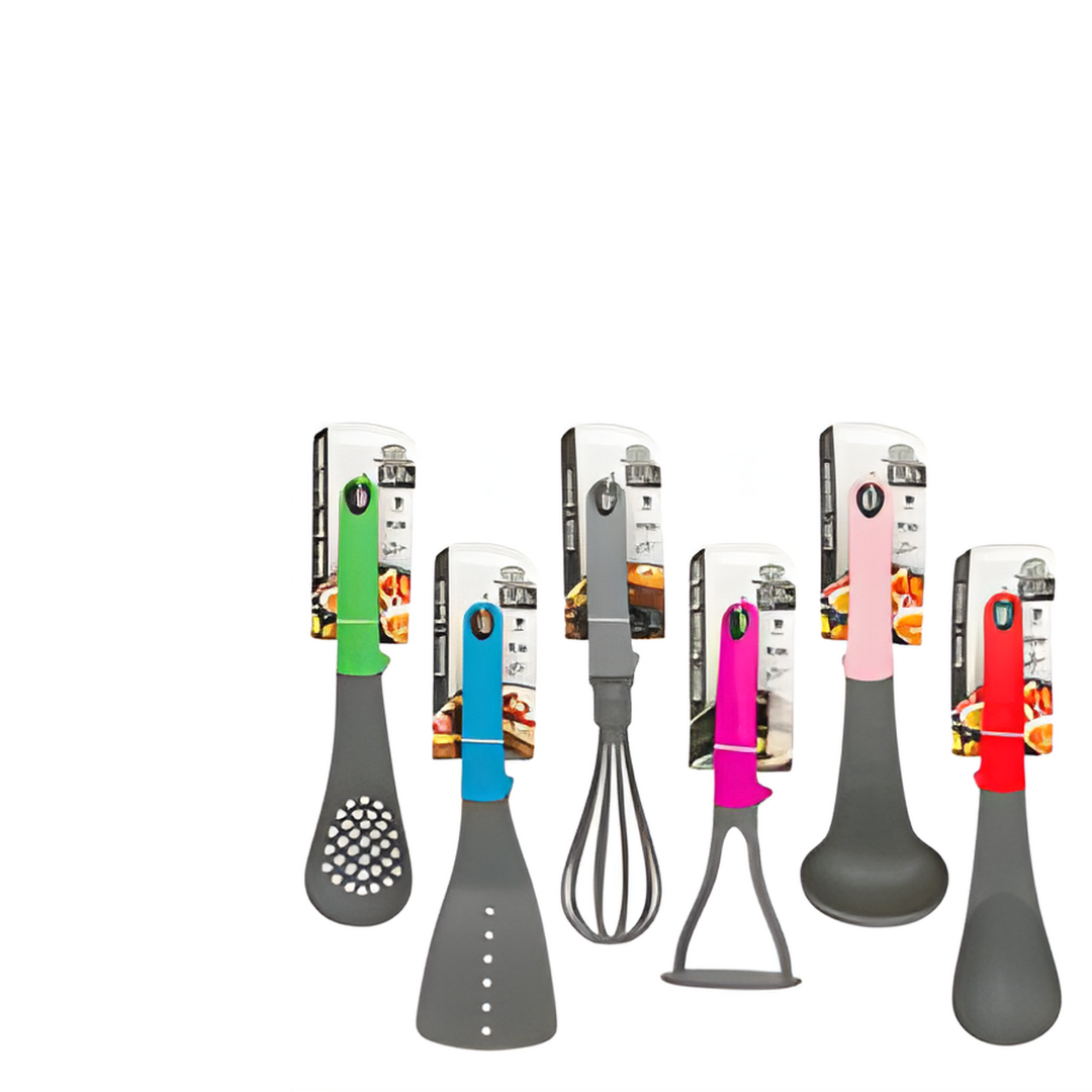 Set of kitchen utensils with colorful handles on a white background