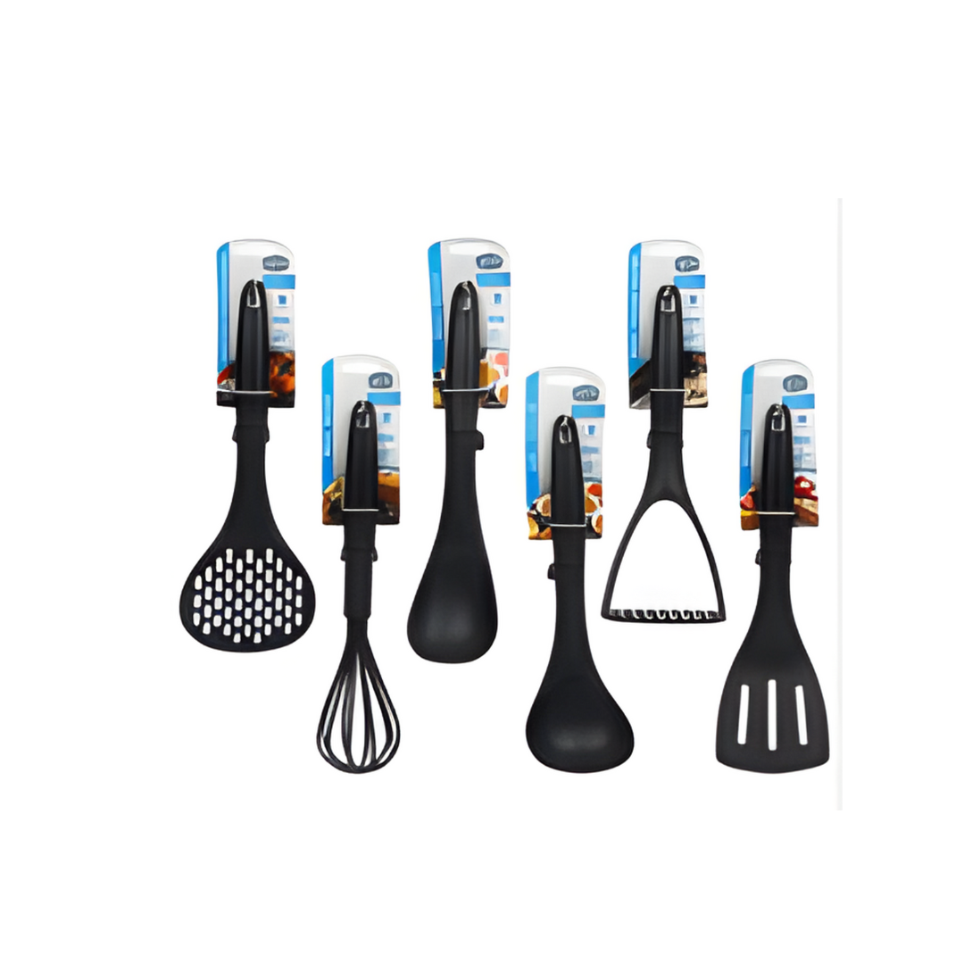 Set of black kitchen utensils with packaging on a white background