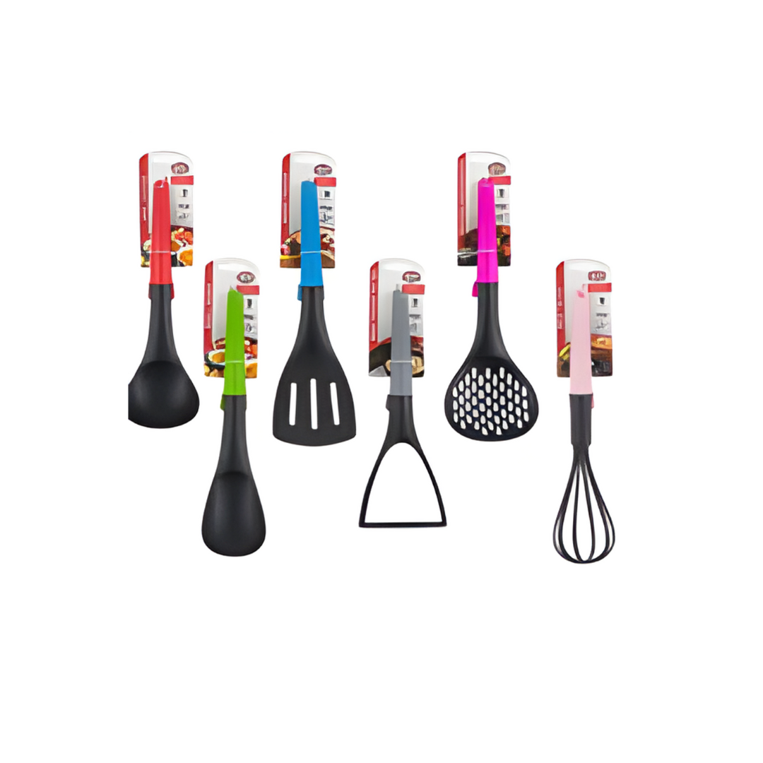 Set of kitchen utensils with colorful handles on a white background