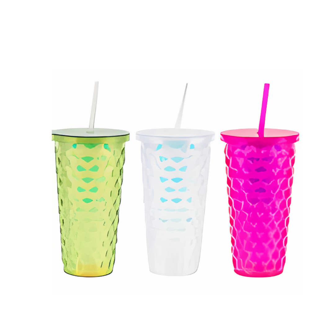 Three colorful tumblers with straw holders on a white background