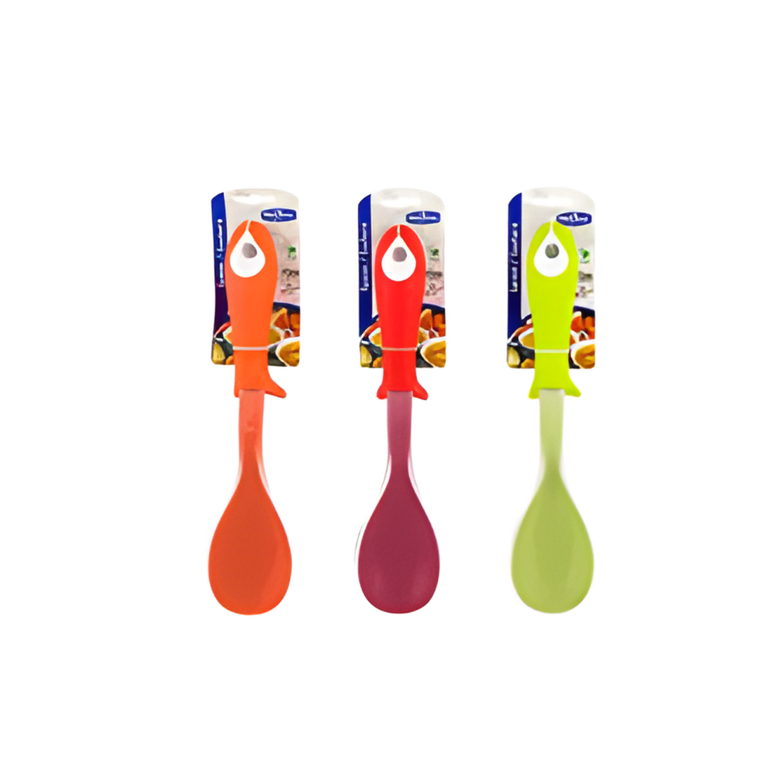 Three colorful spoons with packaging on a white background