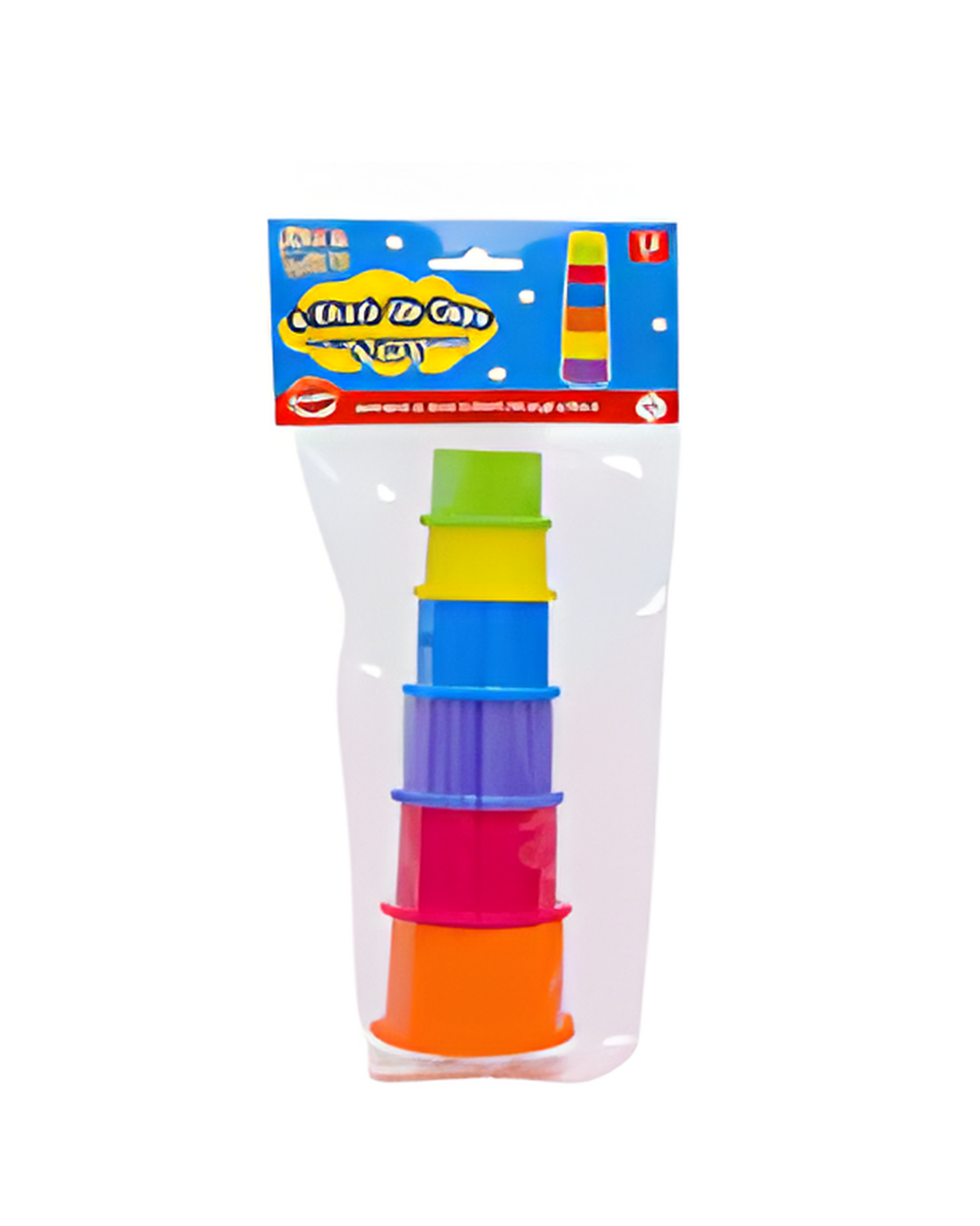 Colorful stack of building blocks in packaging with a visible brand logo on a white background