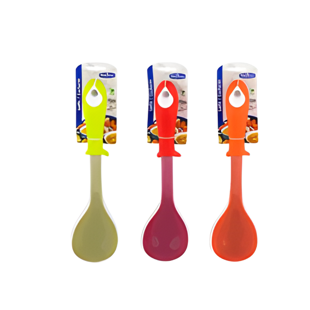Three colorful spoons with packaging on a white background