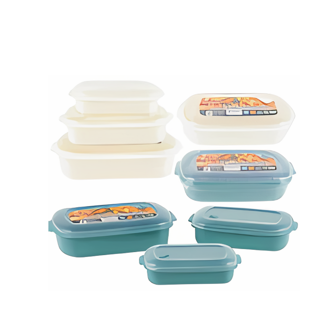 Set of food storage containers with visible brand logo on a white background
