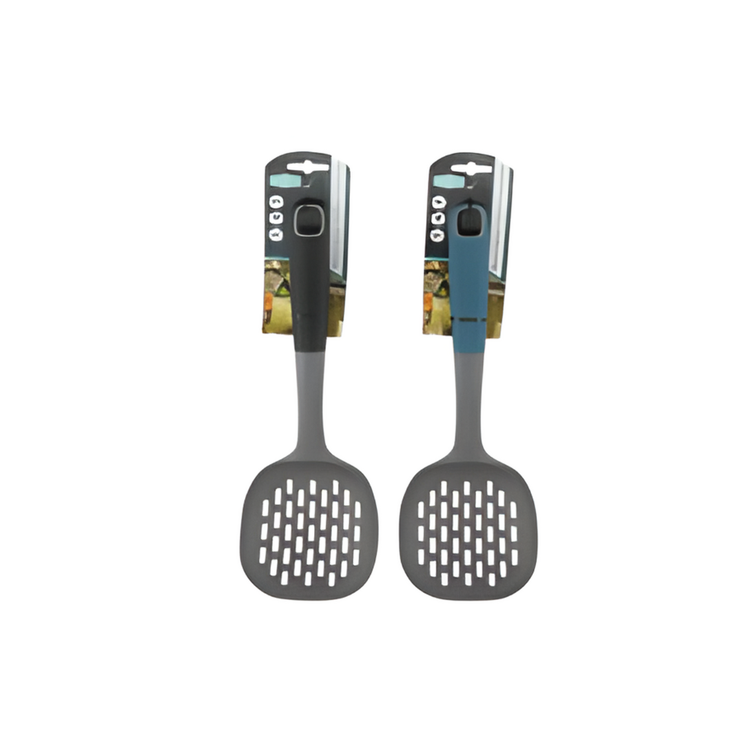 Two gray slotted spatulas with packaging on a white background