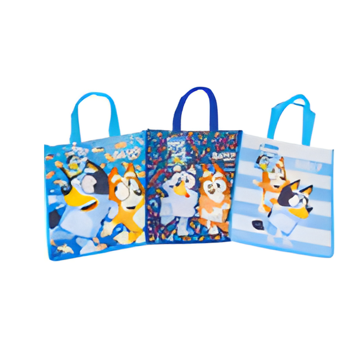 Set of three colorful tote bags with cartoon characters on a white background
