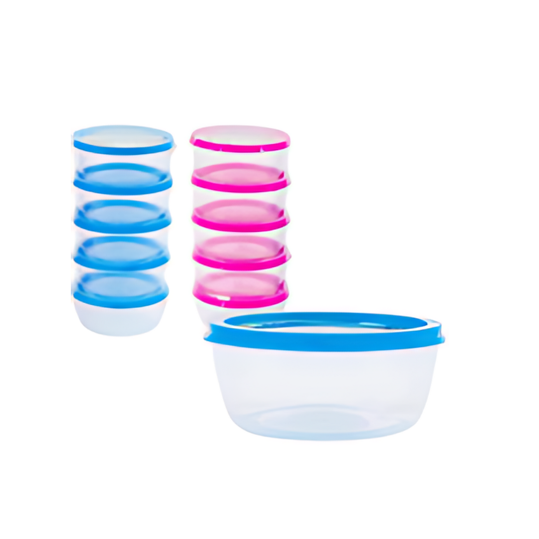 Set of plastic containers with blue and pink lids on a white background