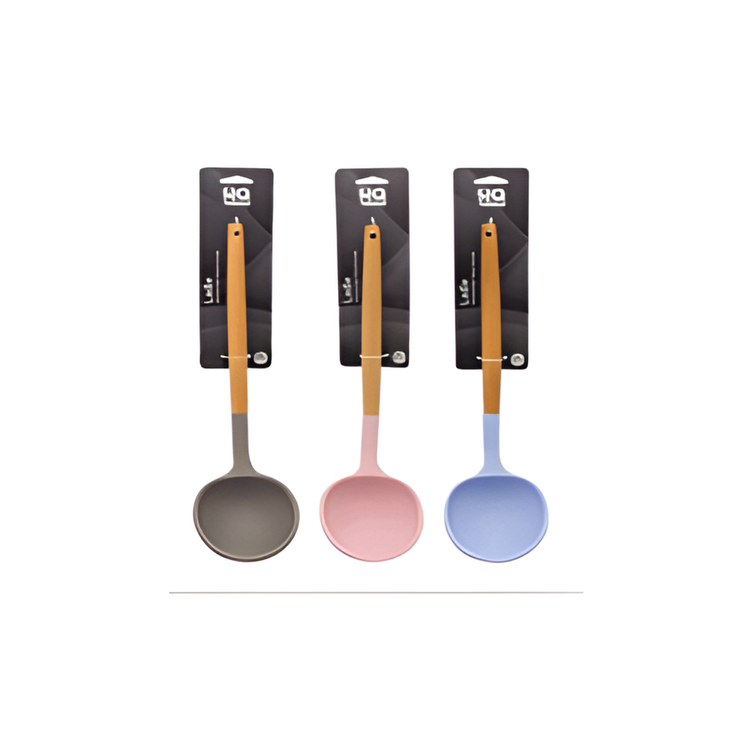Three kitchen spoons with wooden handles on packaging labeled 'HQ'.