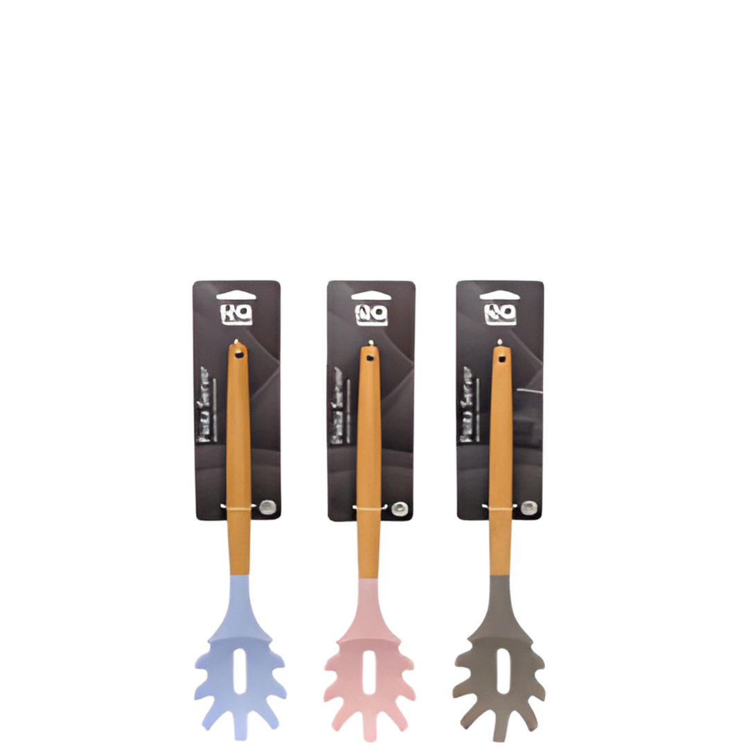 Three pasta servers with different color handles on a white background