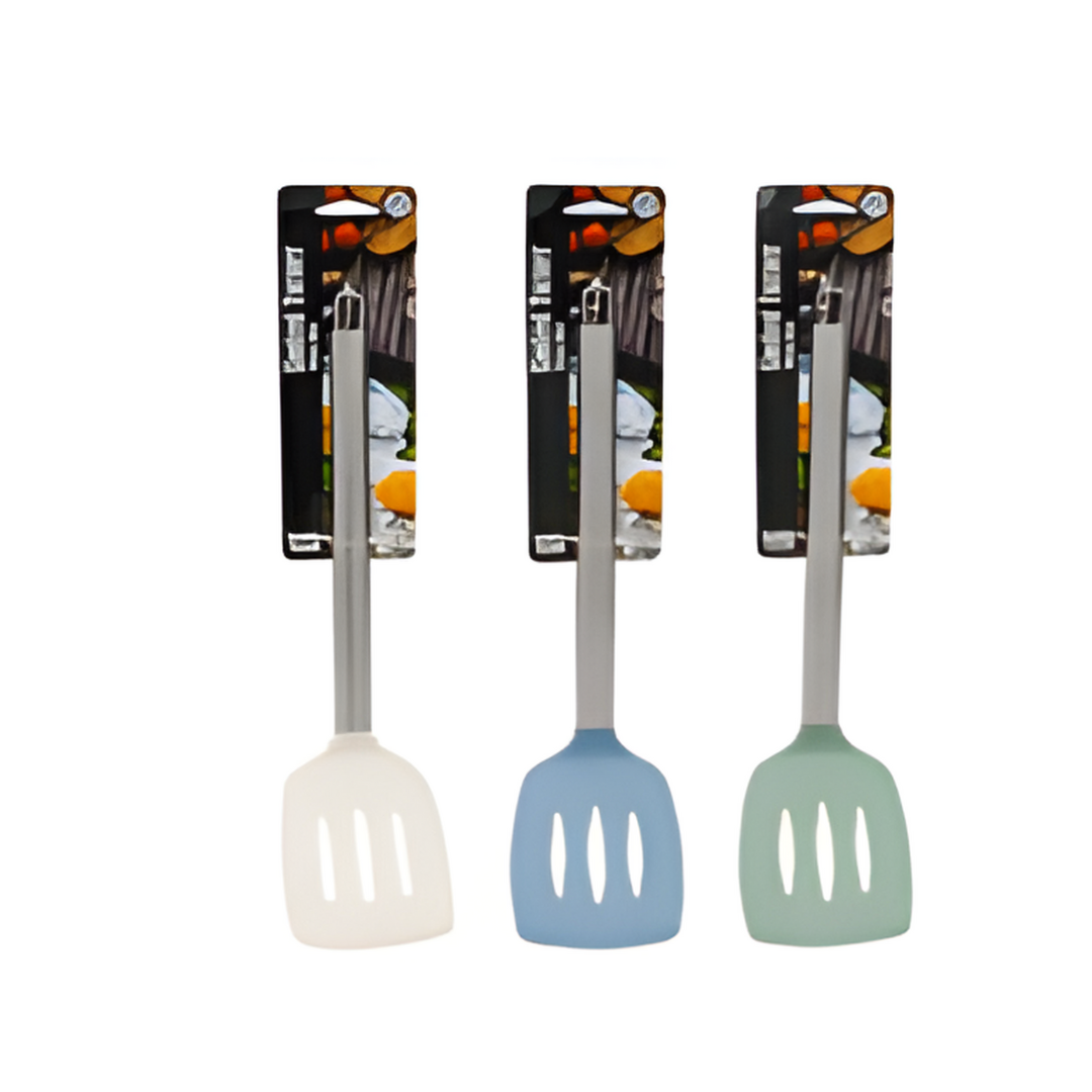 Three kitchen utensils with white, blue, and green handles on packaging against a white background