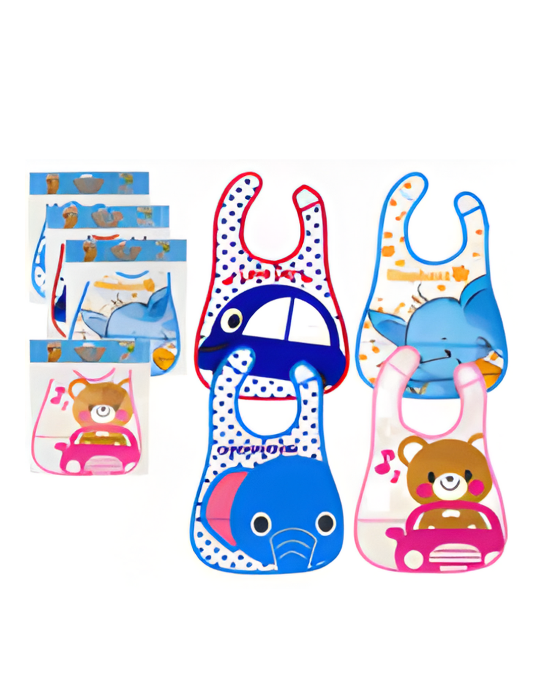 Set of children's bibs with cartoon designs on a white background