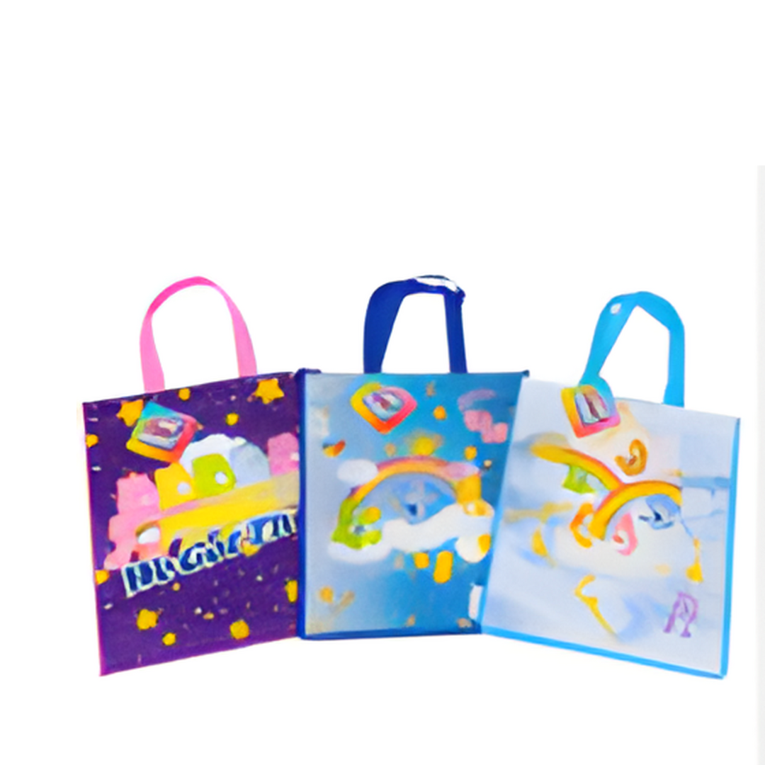 Three colorful children's tote bags with cartoon designs on a white background