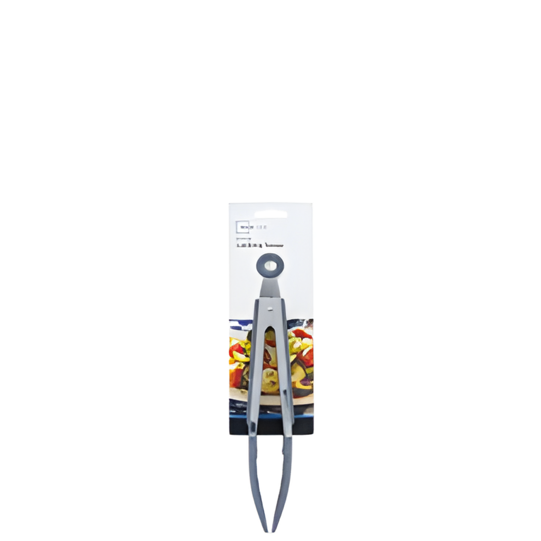 Pair of tongs on a white background with packaging displaying images of food.