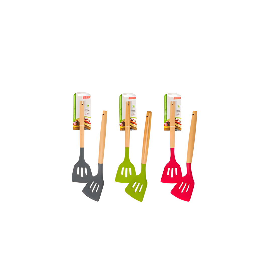 Set of four colorful spatulas with wooden handles on a white background