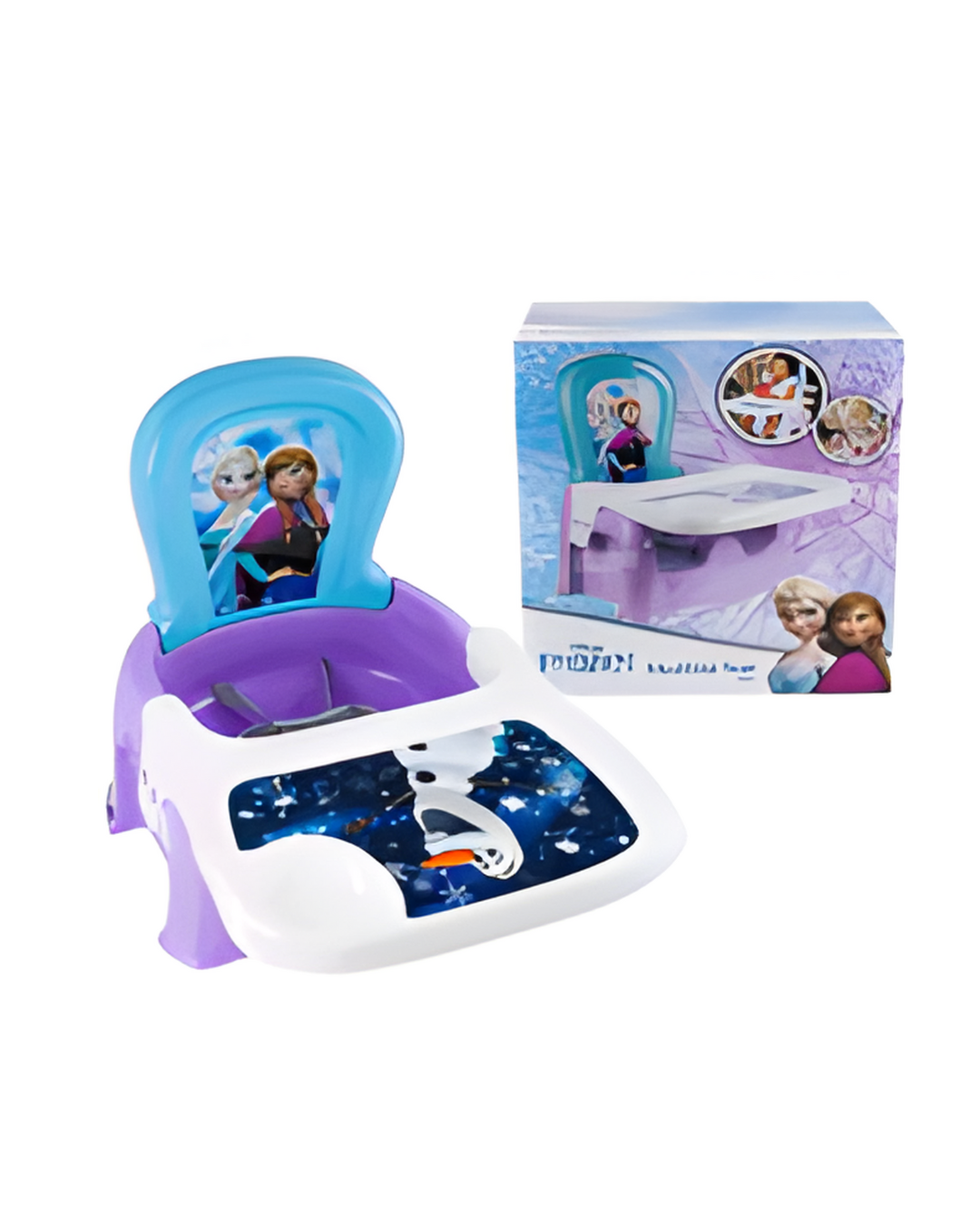 Frozen-themed children's potty seat with packaging on a white background