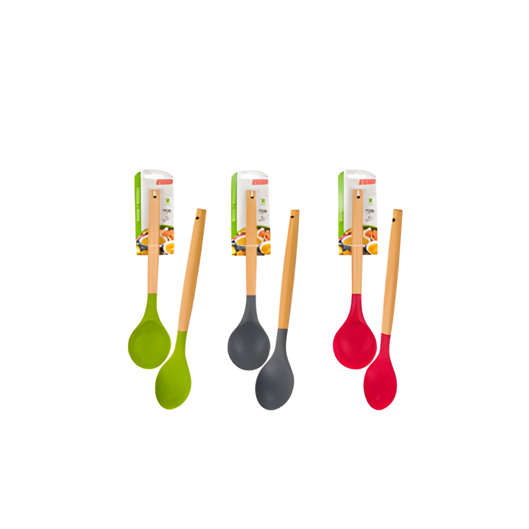 Set of four colorful silicone spoons with wooden handles on a white background