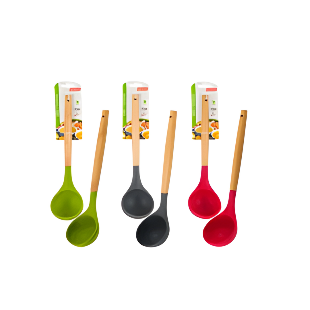 Set of four colorful kitchen spoons with wooden handles on a white background