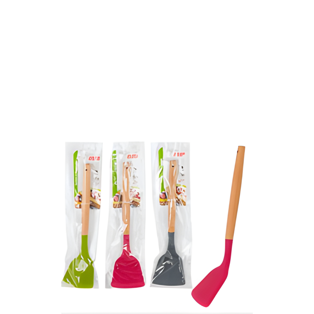 Set of colorful spatulas with packaging on a white background