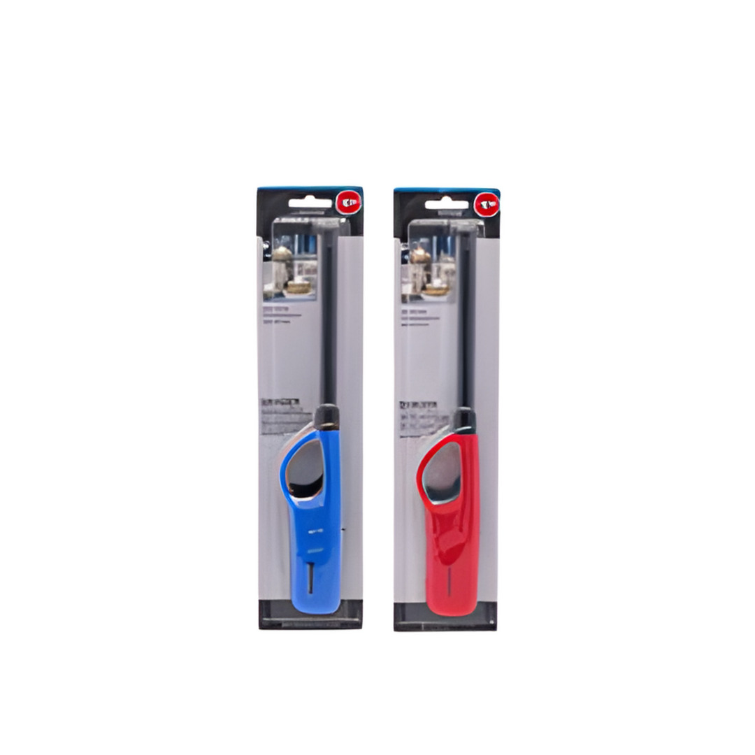 Two gas lighters, one blue and one red, in their packaging on a white background.