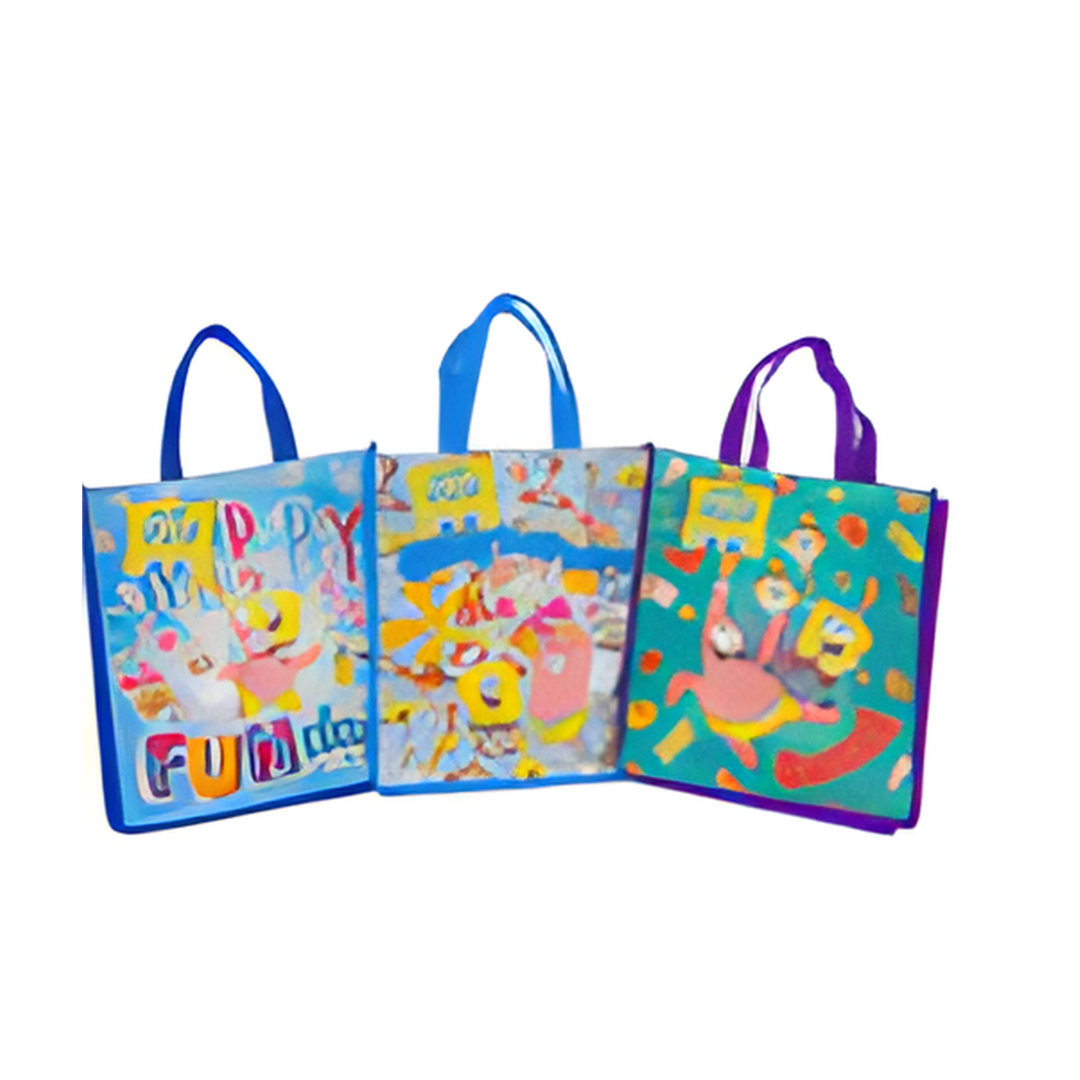 Three colorful children's gift bags with cartoon designs on a white background