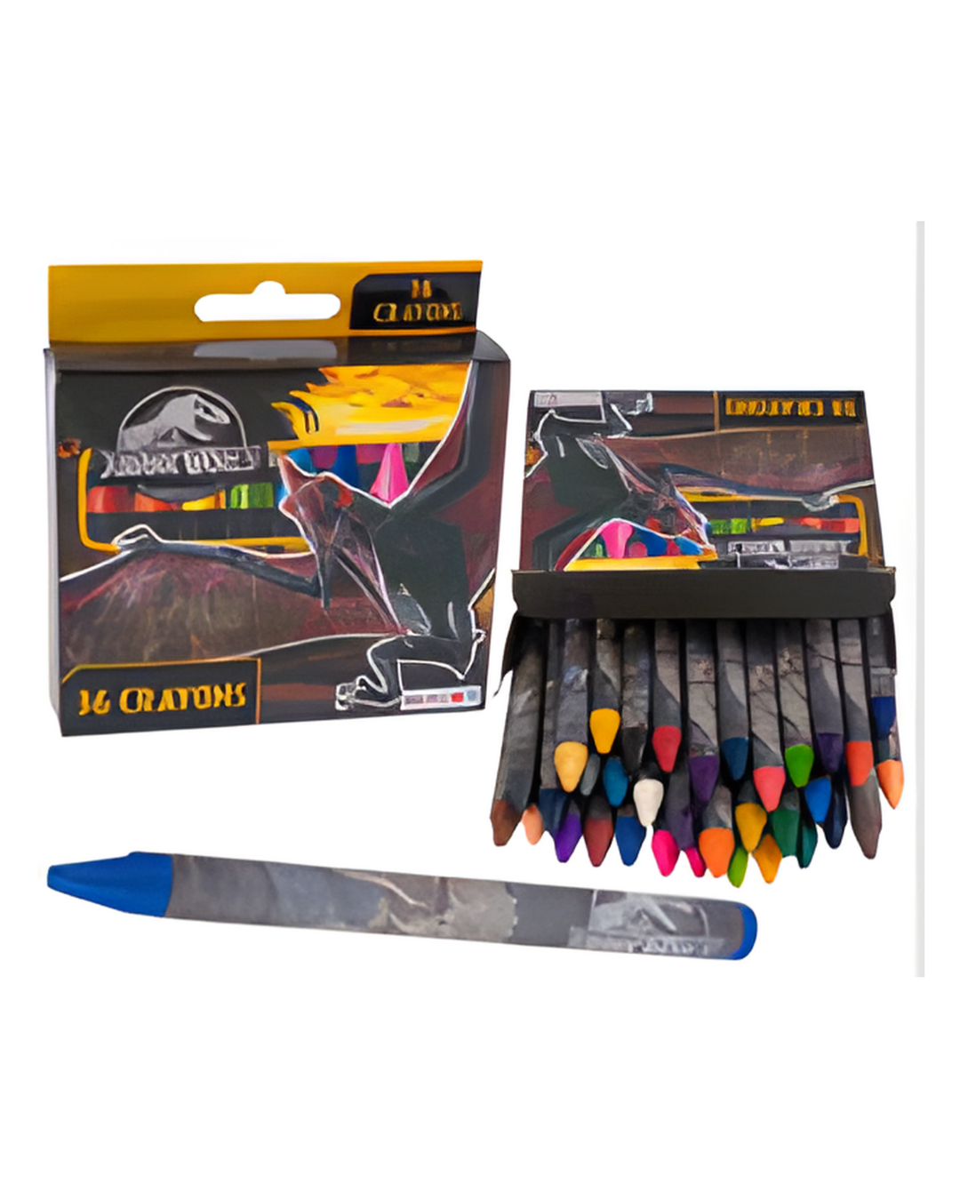 Box of crayons with a dinosaur design and a single crayon displayed in front.