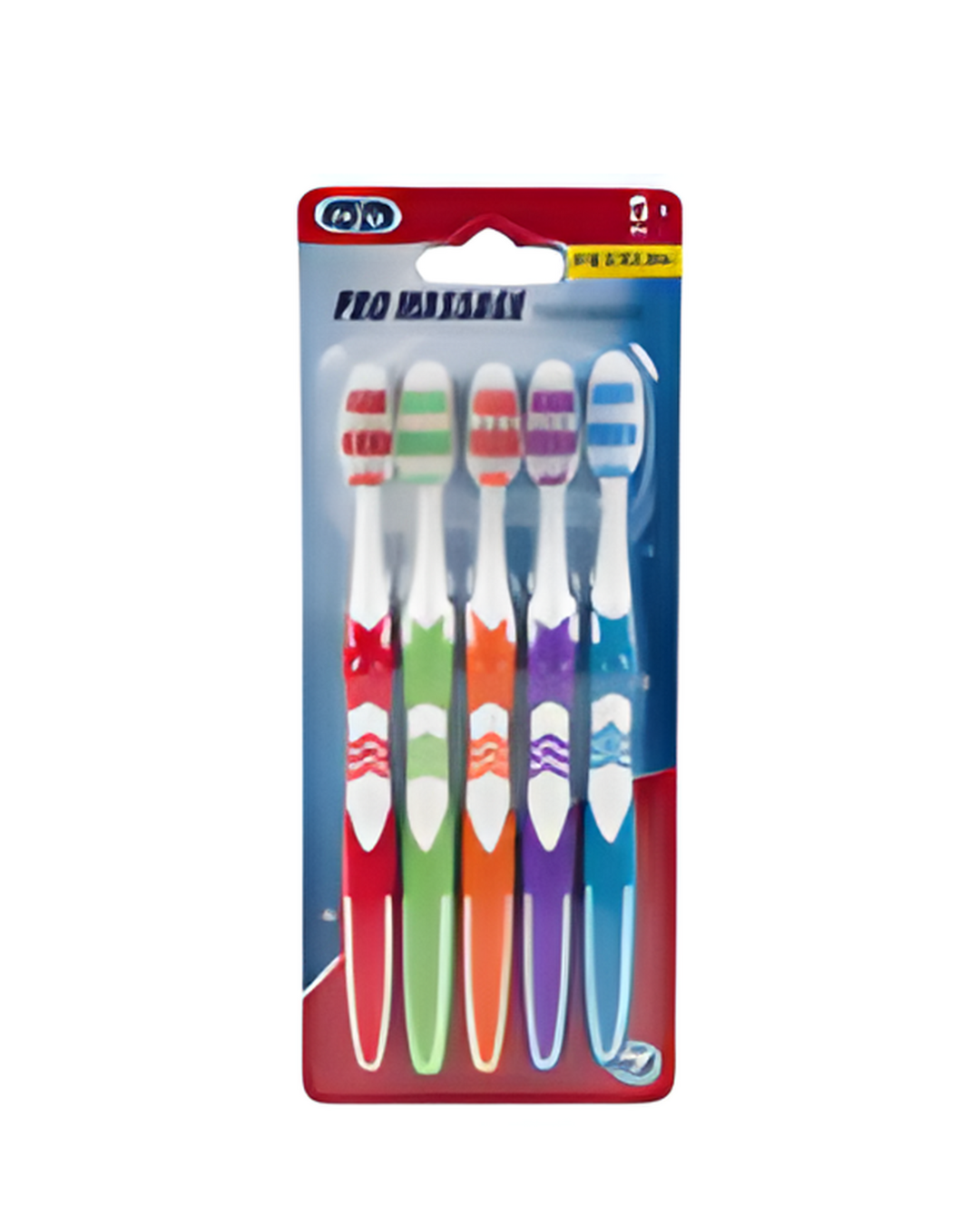 Pack of colorful toothbrushes in a branded packaging on a white background