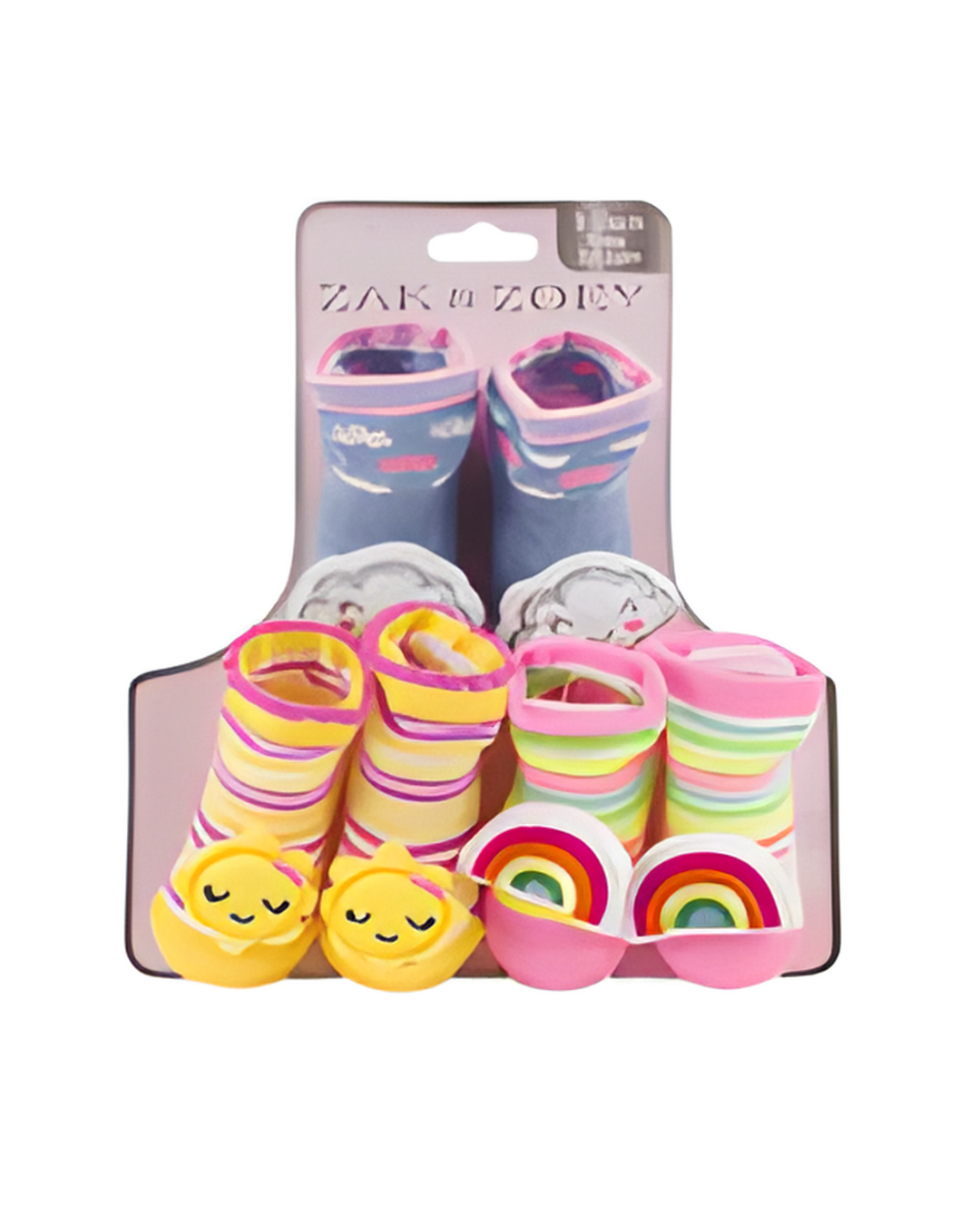 Packaged children's rain boots with colorful designs and 'Zak & Zoey' branding.