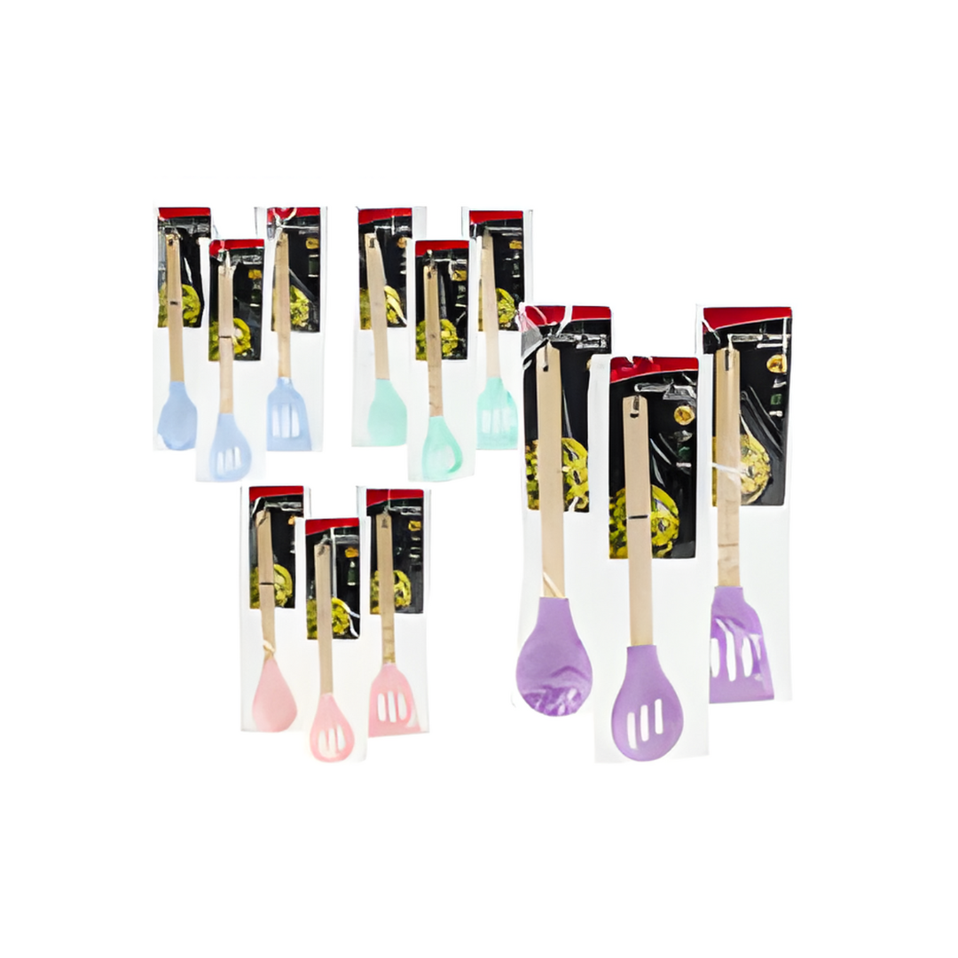 Set of kitchen utensils with colorful handles in packaging on a white background