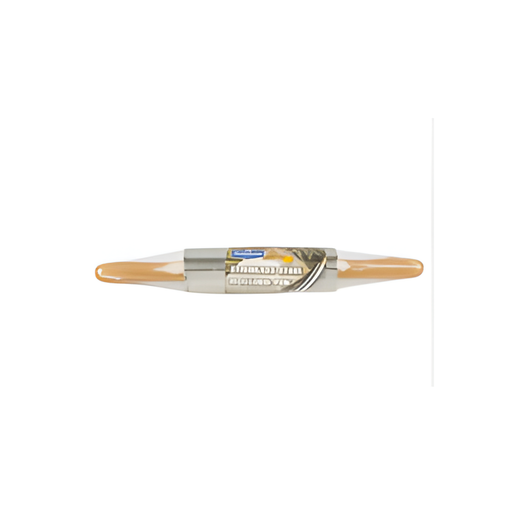 Wooden rolling pin with a brand label on a white background