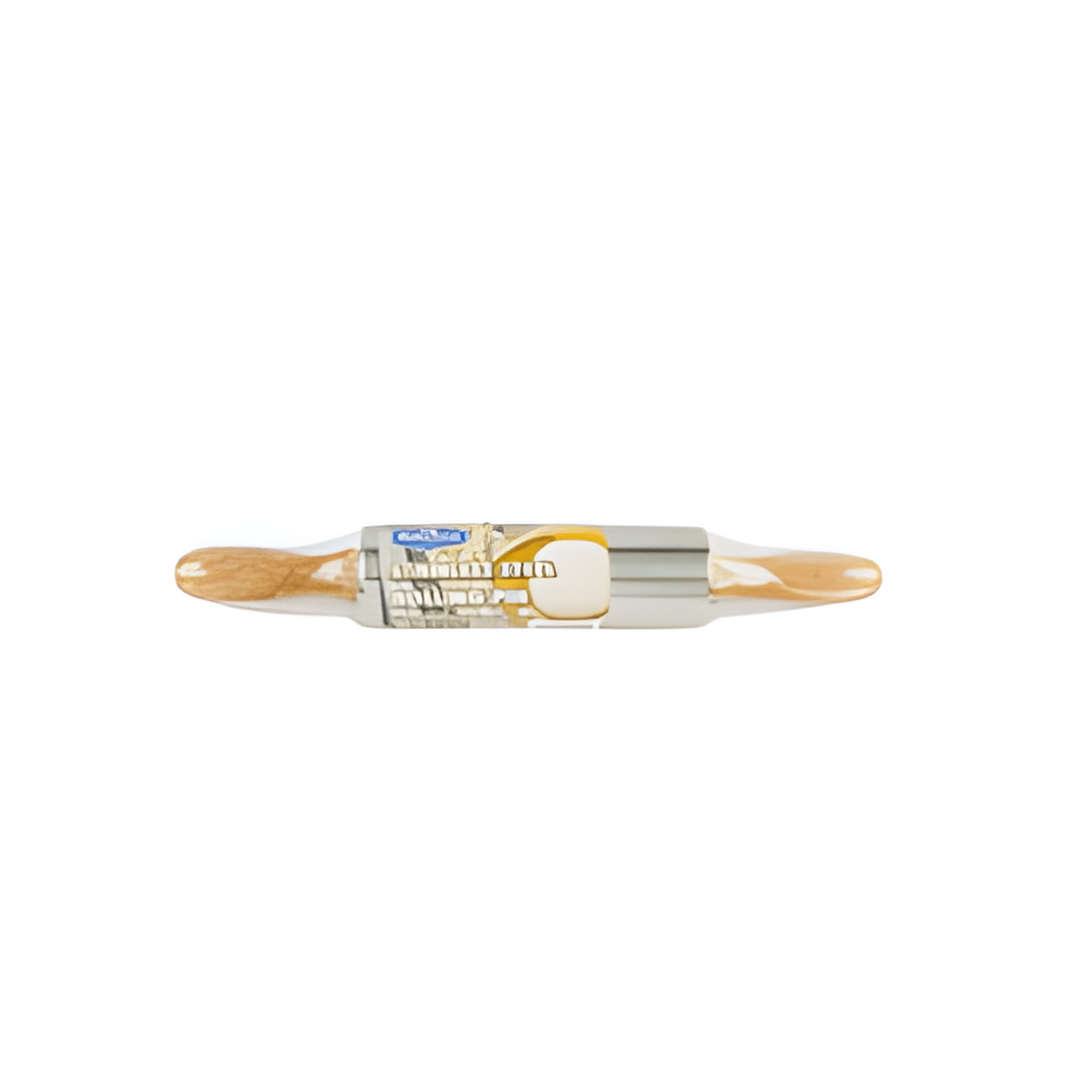 Rolling pin with wooden handle and metal body on a white background