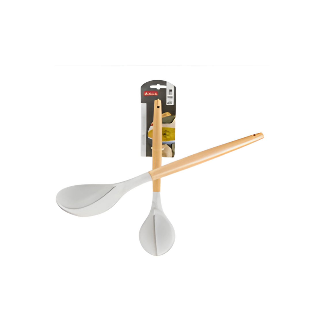 Two kitchen utensils with wooden handles on a white background