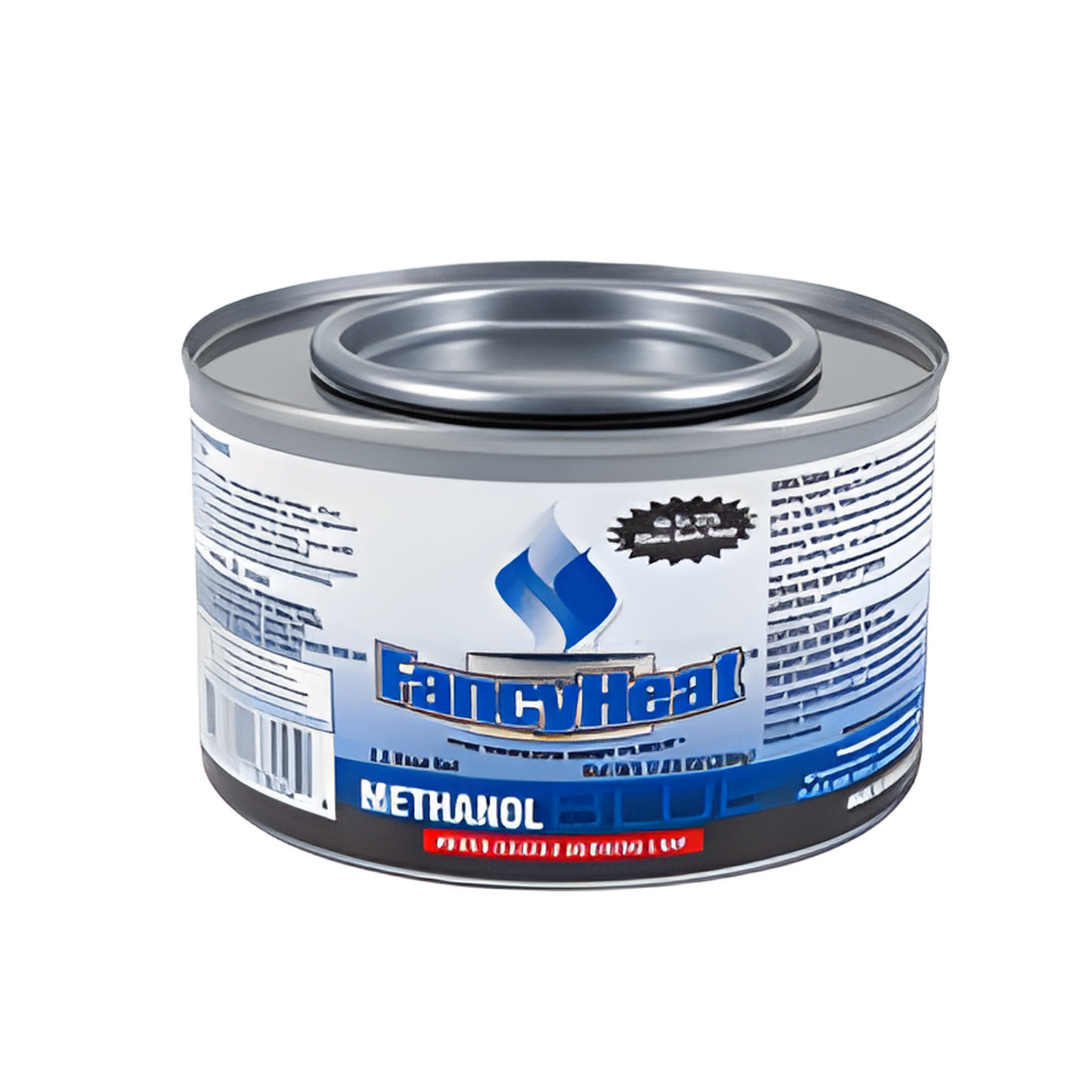 Can of FancyHeat methanol on a white background