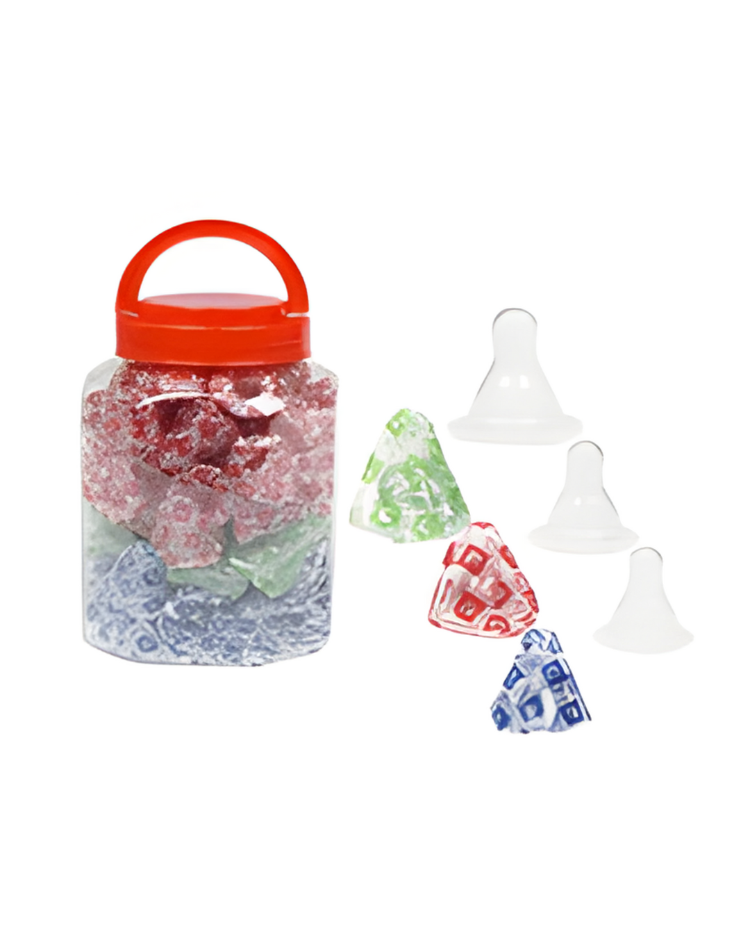 Jar of gummy bears with a red lid and small toy figures on a white background