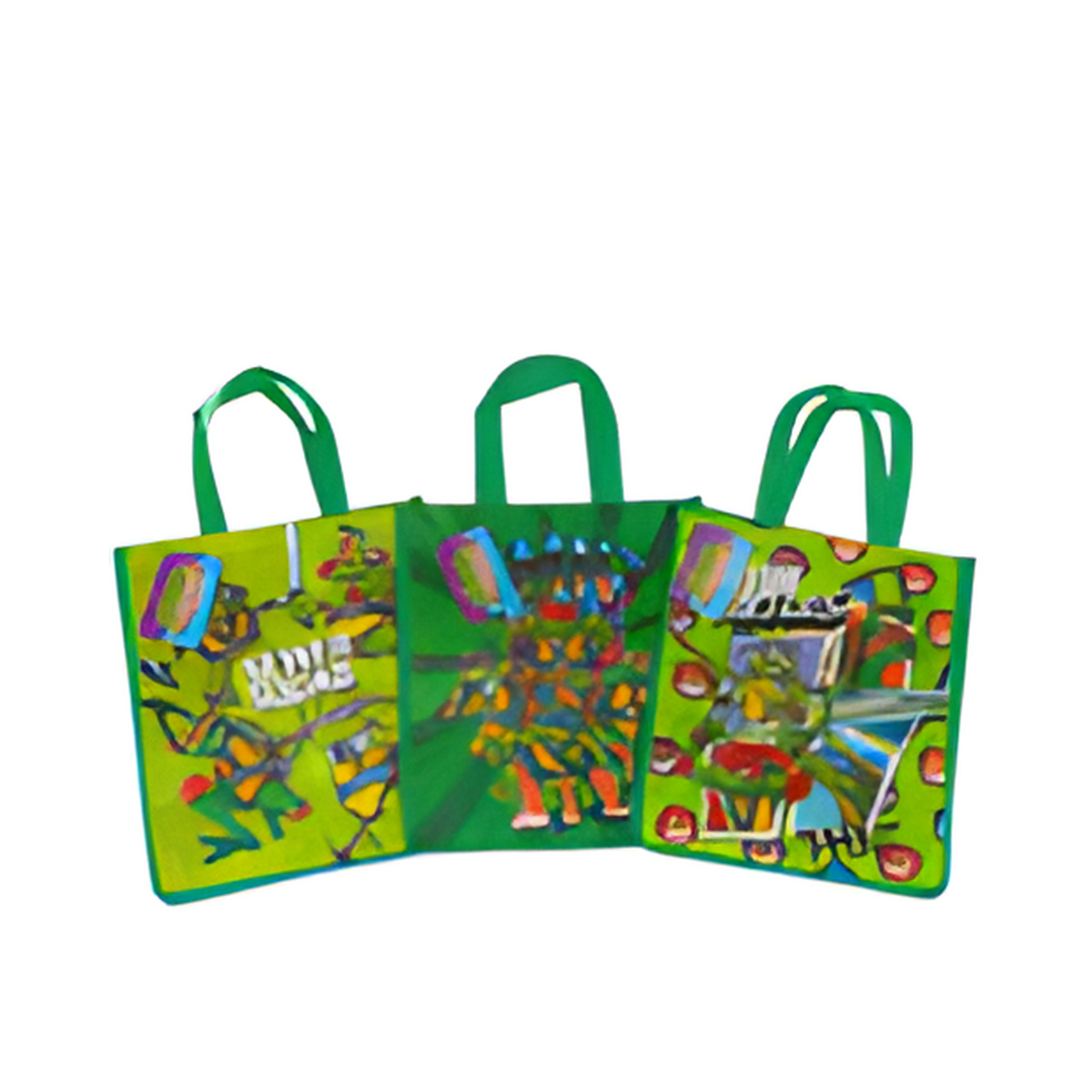 Three green tote bags with colorful designs on a white background