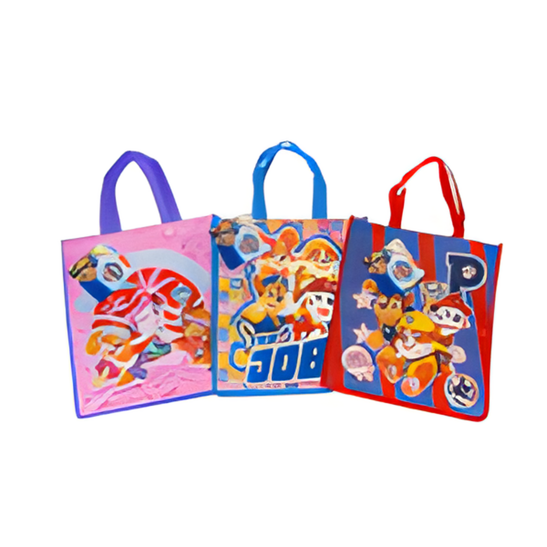 Three colorful tote bags with cartoon characters on a white background