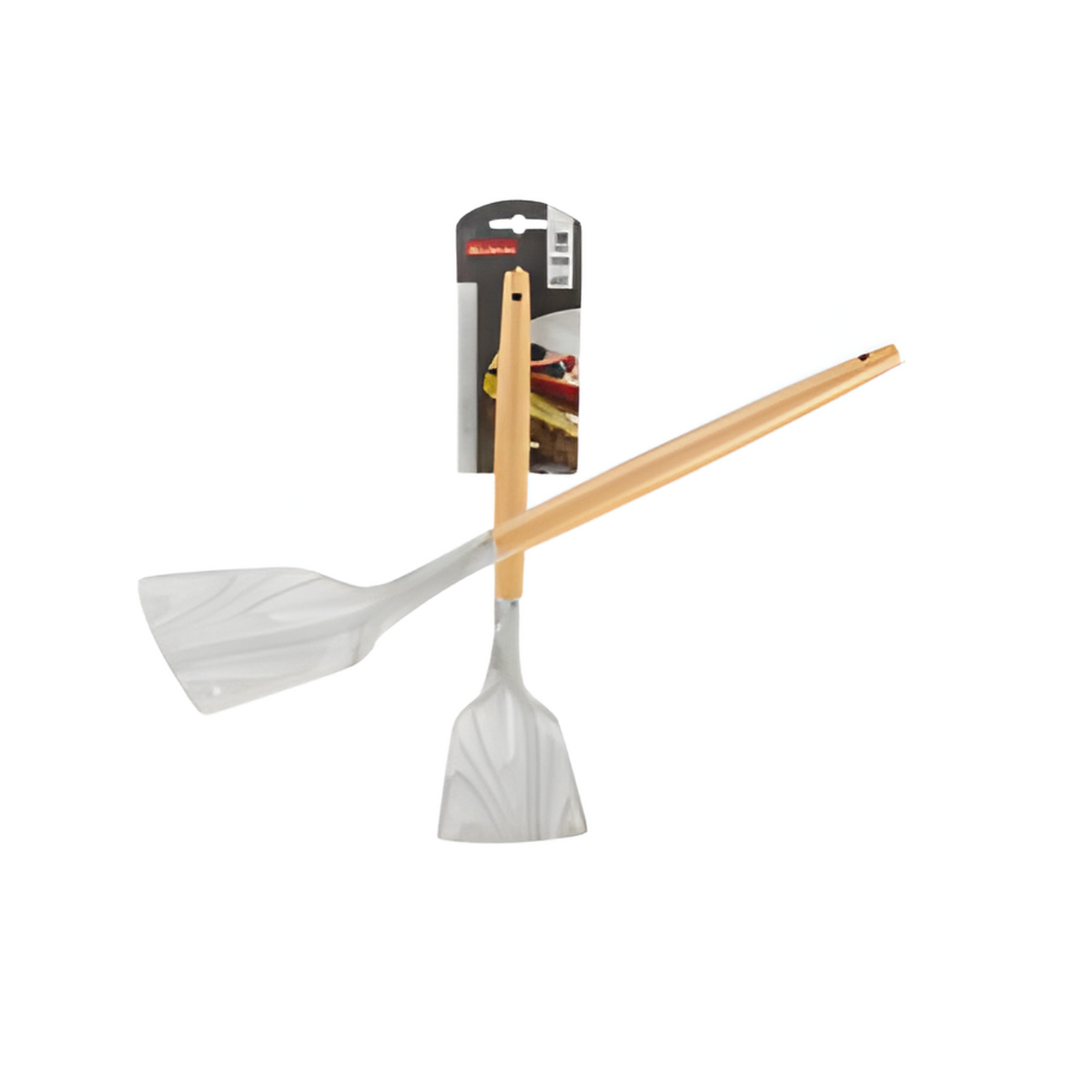 Two spatulas with wooden handles on a white background