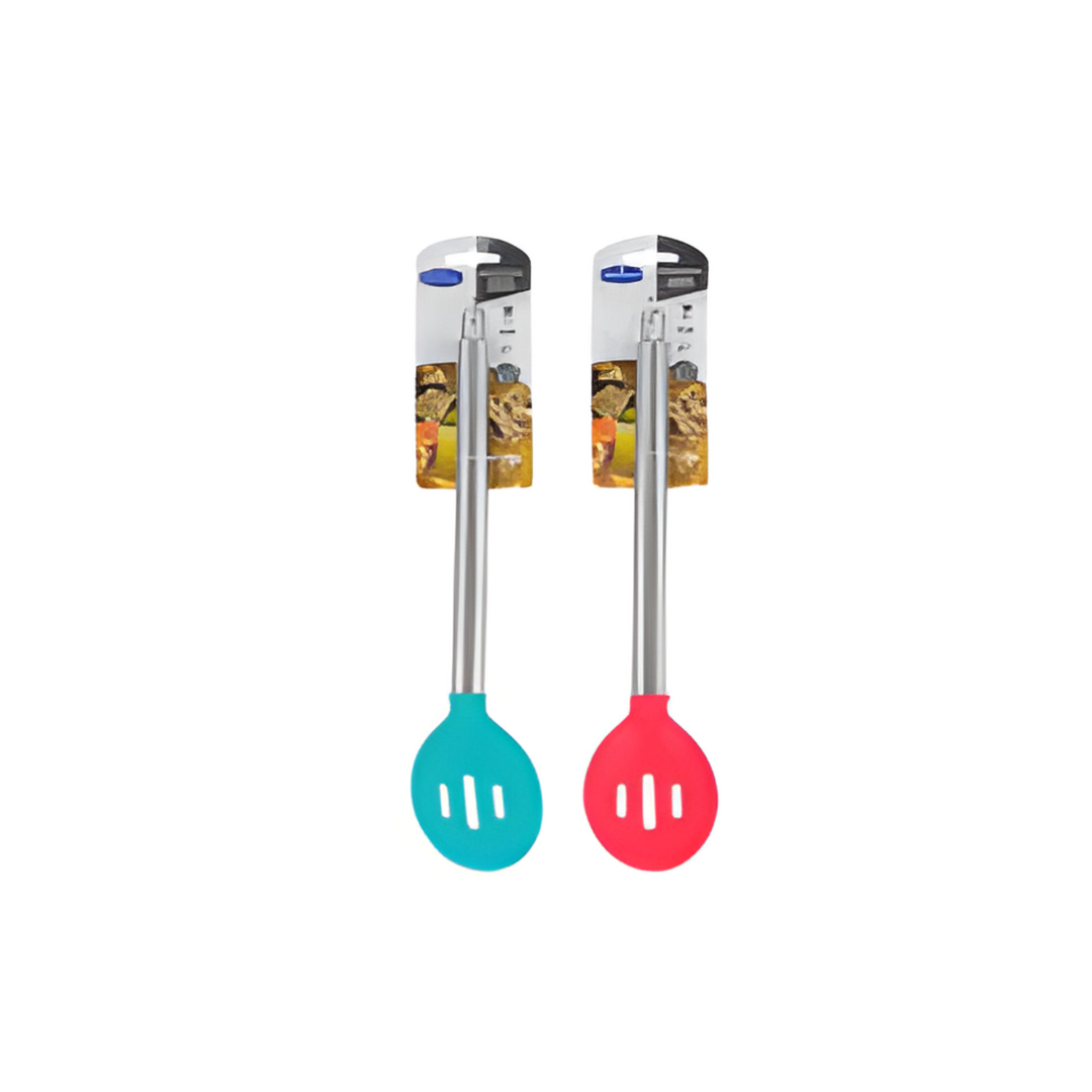 Two silicone slotted spoons with turquoise and pink ends in their packaging on a white background.