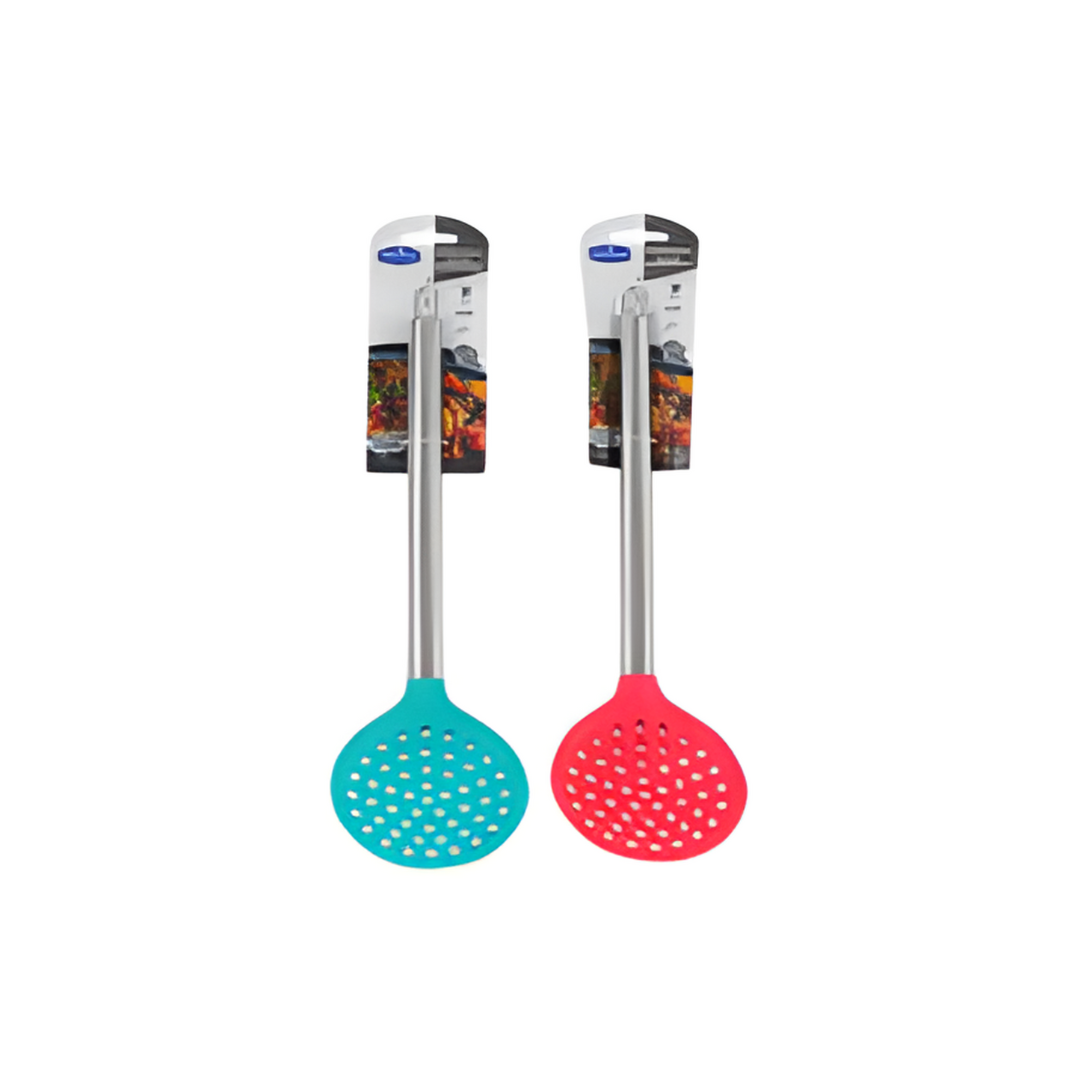 Two silicone slotted turners, one blue and one red, with packaging on a white background.