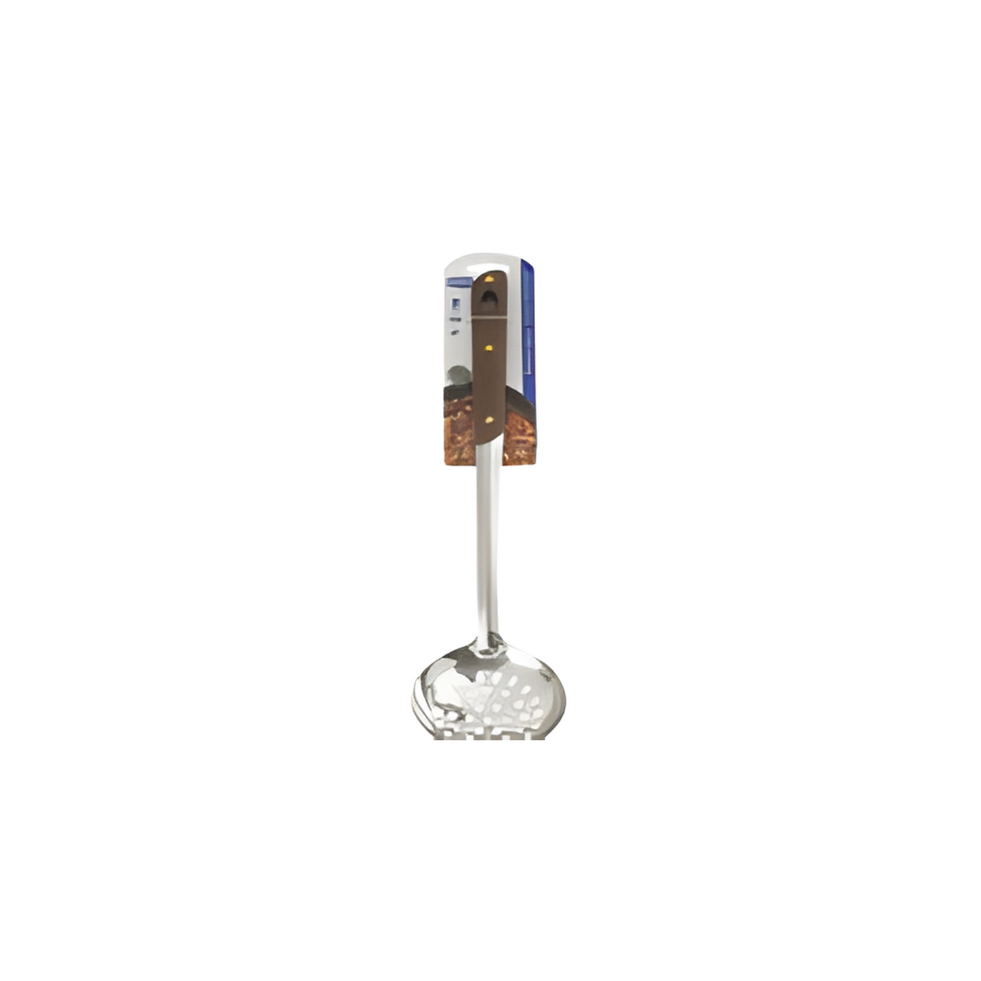 Metallic ladle with wooden handle on a white background