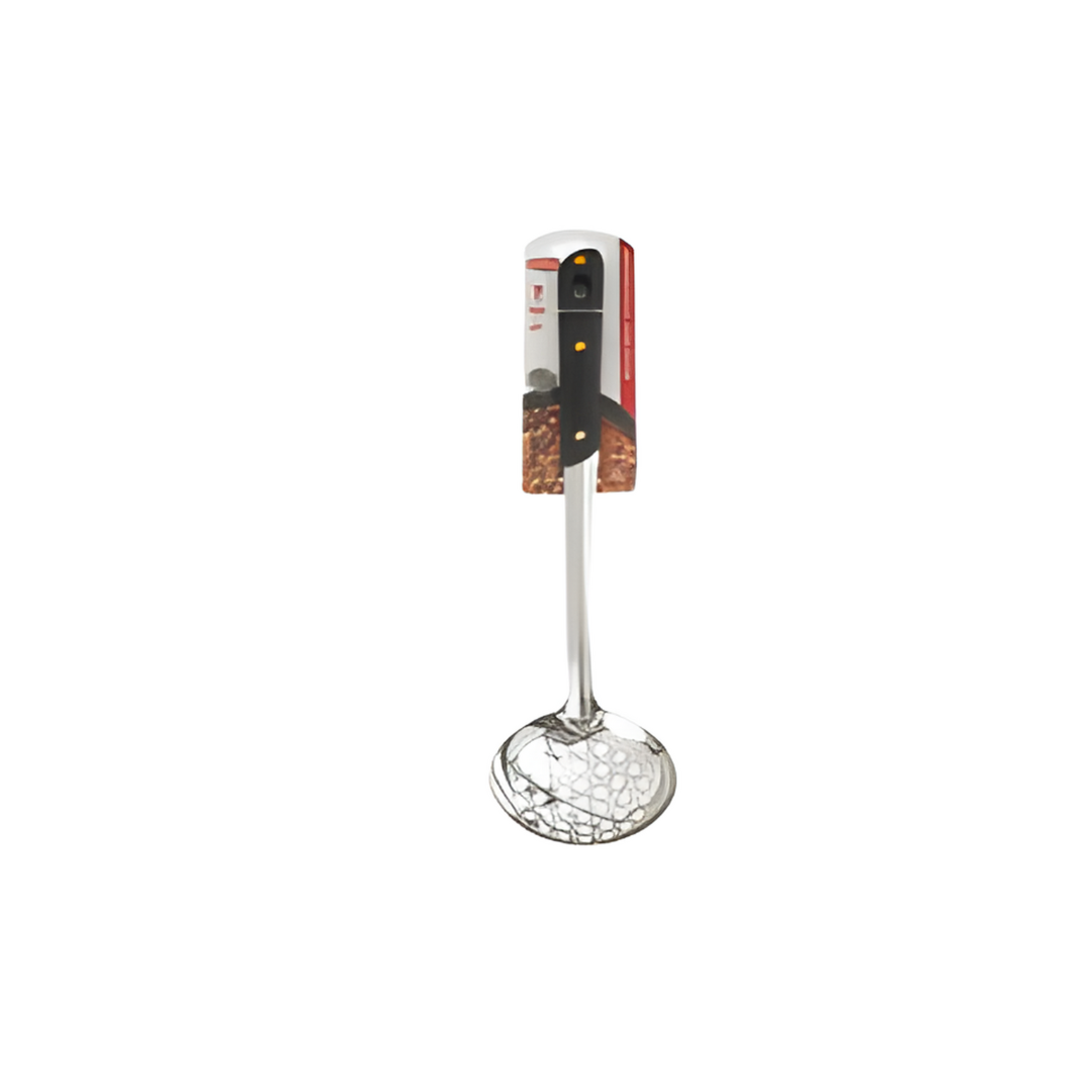 Metal ladle with a crisscross pattern on a white background