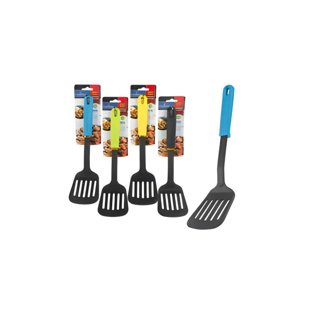 Set of four slotted spatulas with colored handles on a white background